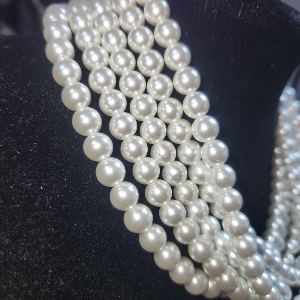 Vintage Multi Strand glass Pearl Necklace Cream 5 Row silver-tone